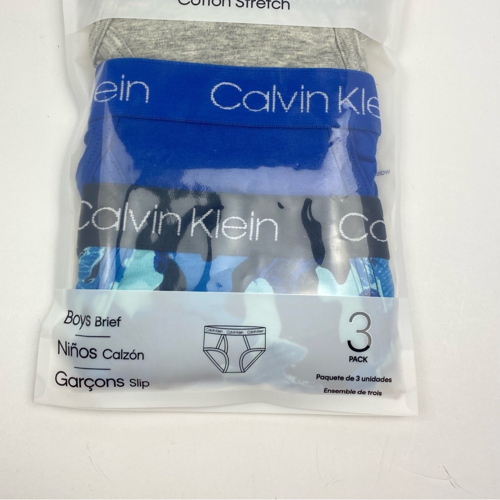 Calvin Klein Cotton Stretch 3-Pack Boys Briefs, Gray/Blue/Camo, Size S(6-7) NWT